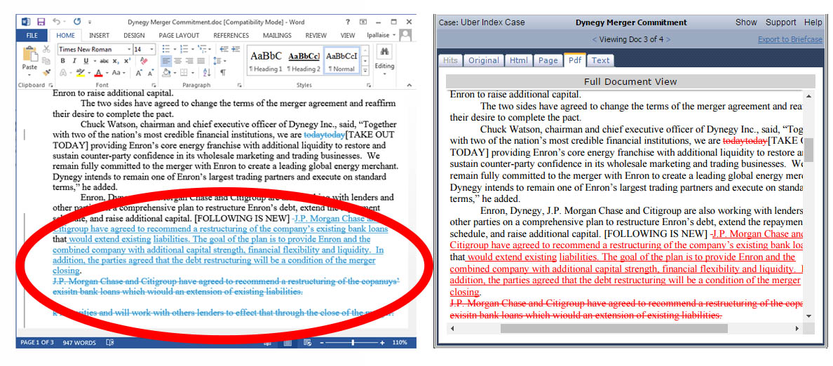 These are images of the revisions, comments and notes of a Microsoft Word document that are critical for eDiscoery